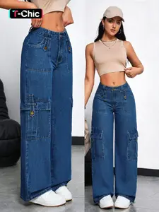 Women's Stretchy Multi-Pocket Jeans Pants, Womenswear, Fitted Straight Leg Denim Jeans, Casual Street Style, Streetwear, All Seasons, Elegant Design, Fashion