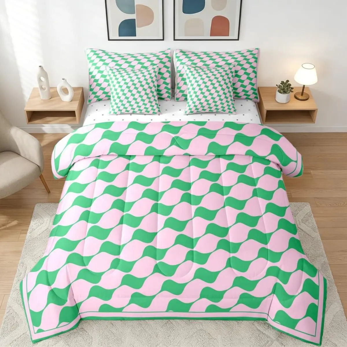 Pink Green Triangle Plaid Comforter Set 7 Pcs Geometric Grid Jacquard Bedding Set Checkered Farmhouse Bed in A Bag Women Aesthetic Gingham Sheet Sets