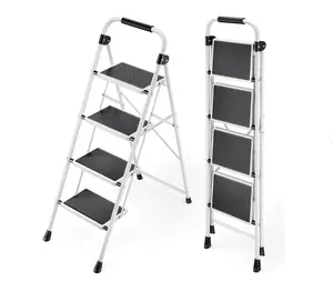 EDX 4-Step Folding Ladder for Adults - Maximum Load 330 lbs, Sturdy Steel Frame, Wide Non-Slip Pedals and Top Handrail, Lightweight Portable Ladder for Kitchen, Black  White
