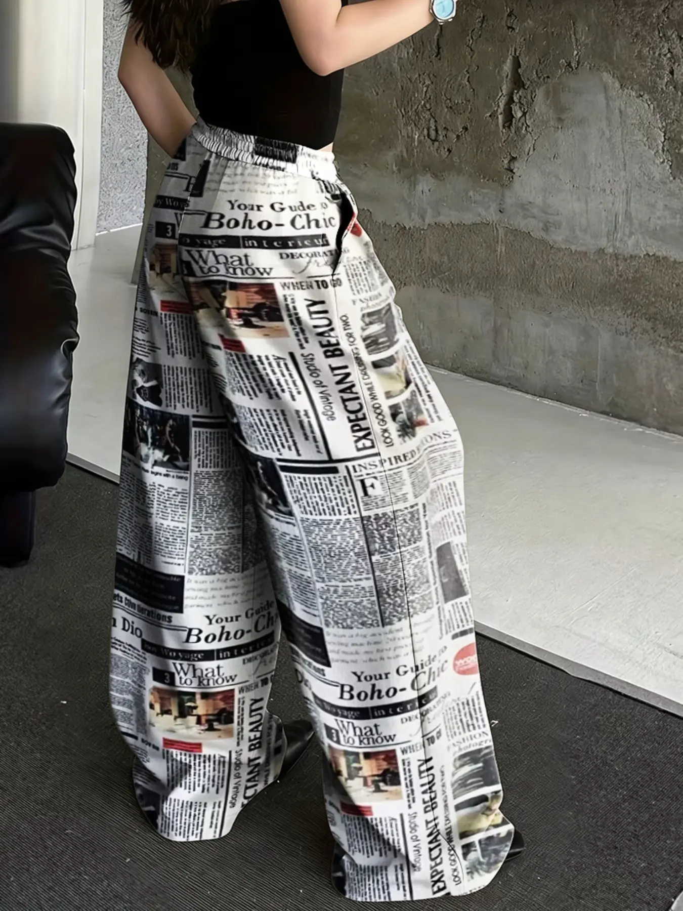 European and American Large Size Newspaper Print Wide Leg Pants, Elastic High Waist Drawstring Adjustable Casual Long Pants, Street Style Slim Fit Straight Leg Pants, Bohemian Style Boho Casual Trousers