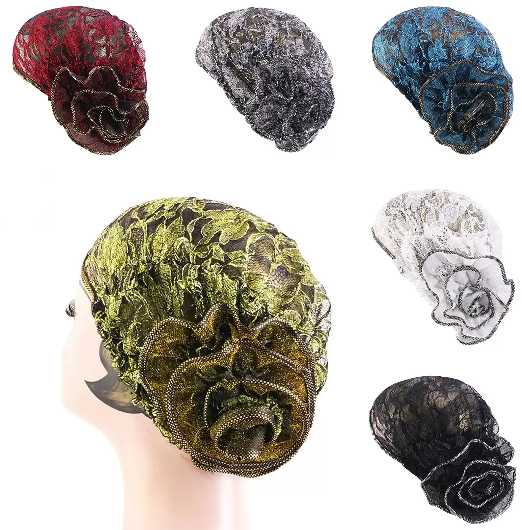 Women's 6-Pack Vintage Lace Turban Hat - Fashion Headscarf with Big Polyester Flower, Head Scarf Turbans for Spring Summer, Stylish Thin Hair Coverage Headwear