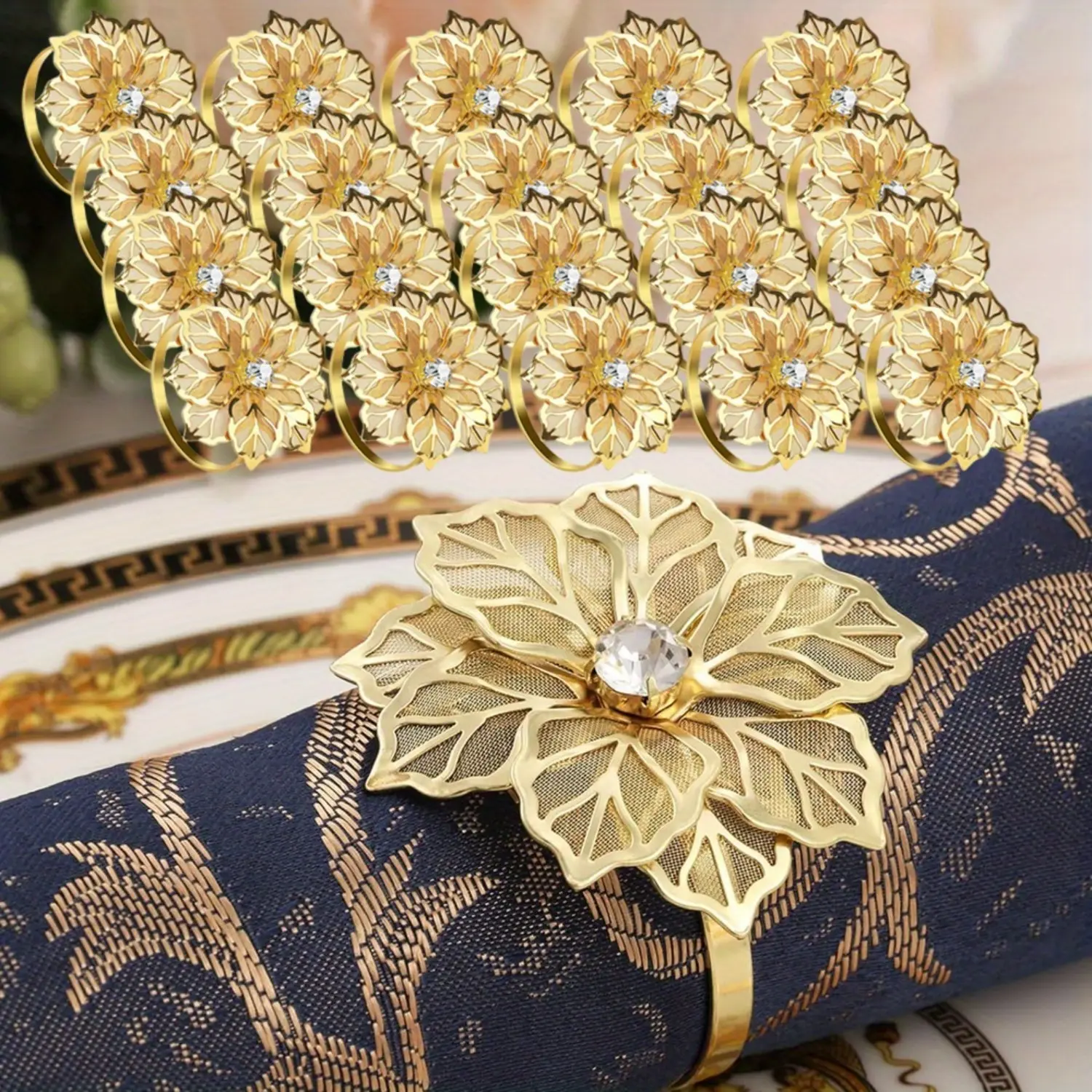 20-Pack Metal Gold Hollow-Out Flower Napkin Rings, Decorative Serviette Buckles for Wedding & Holiday Banquets, Disposable Favor Gift for Bridal Showers