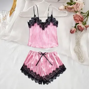 Sexy Lace Women's Summer Thin Pajama Set Satin Silk Pink and White Stripes Fabric Soft and Smooth Edge V-Neck﻿ Sleepwear Shorts Set Casual Women's Sleeveless Sexy Pajama Set