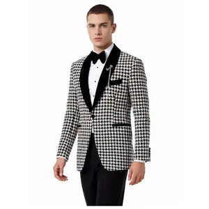 Men's Houndstooth Shawl Collar Single-Breasted 2-Piece Tuxedo  Blazer & Pants  Elegant Gentleman's Formal Suit Set for Weddings & Banquets