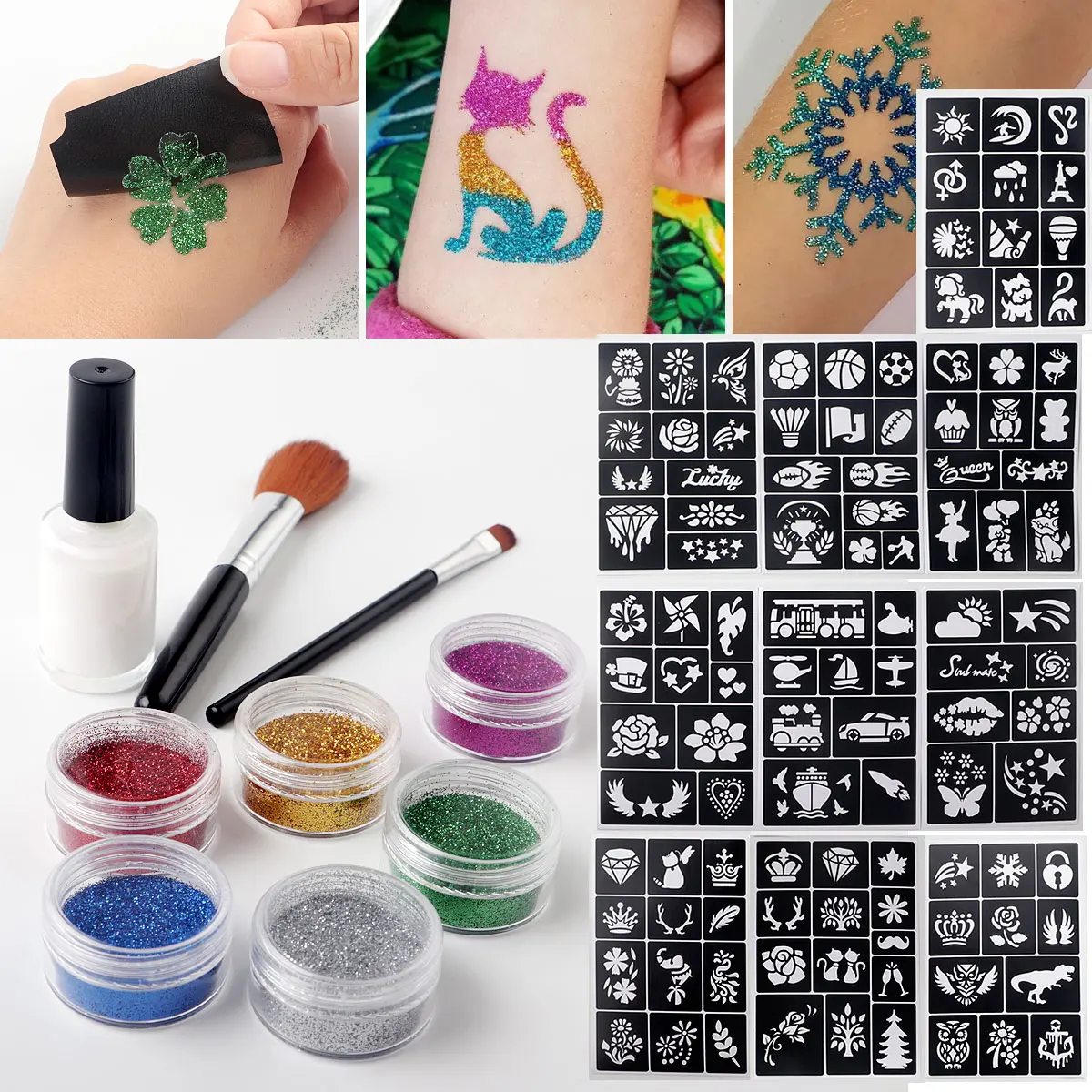 Glitter Tattoo Kit for Makeup Party, DIY Temporary Tattoos, Glitter Face Tattoos, Glitter Colors & Metallic Charms, Mixed Designs, Large Stencils, Party Favors, Glam Pack Glitter