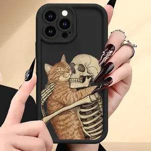 Skeleton Hugging Cat Pattern Case for iPhone 16 15 14 Pro Max 13 12 11 XR XS Plus Shockproof Full Camera Protection Durable slim Silicone Cover  Best Gift