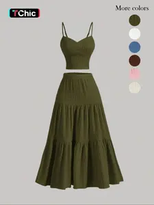 Women's Solid Crop Cami Top & A-line Skirt Two-piece Set, Casual Fashion Cozy Two Piece Outfits for Daily Outdoor Wear, Ladies Clothes for Summer