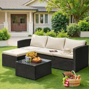 5-Piece All-Weather Wicker Rattan Sectional Sofa Set, Manual Weaving Design with Cushions and Glass Table, Freely Combined for Patio & Porch Use, Outdoor Furniture Set, Patio Furniture Sets
