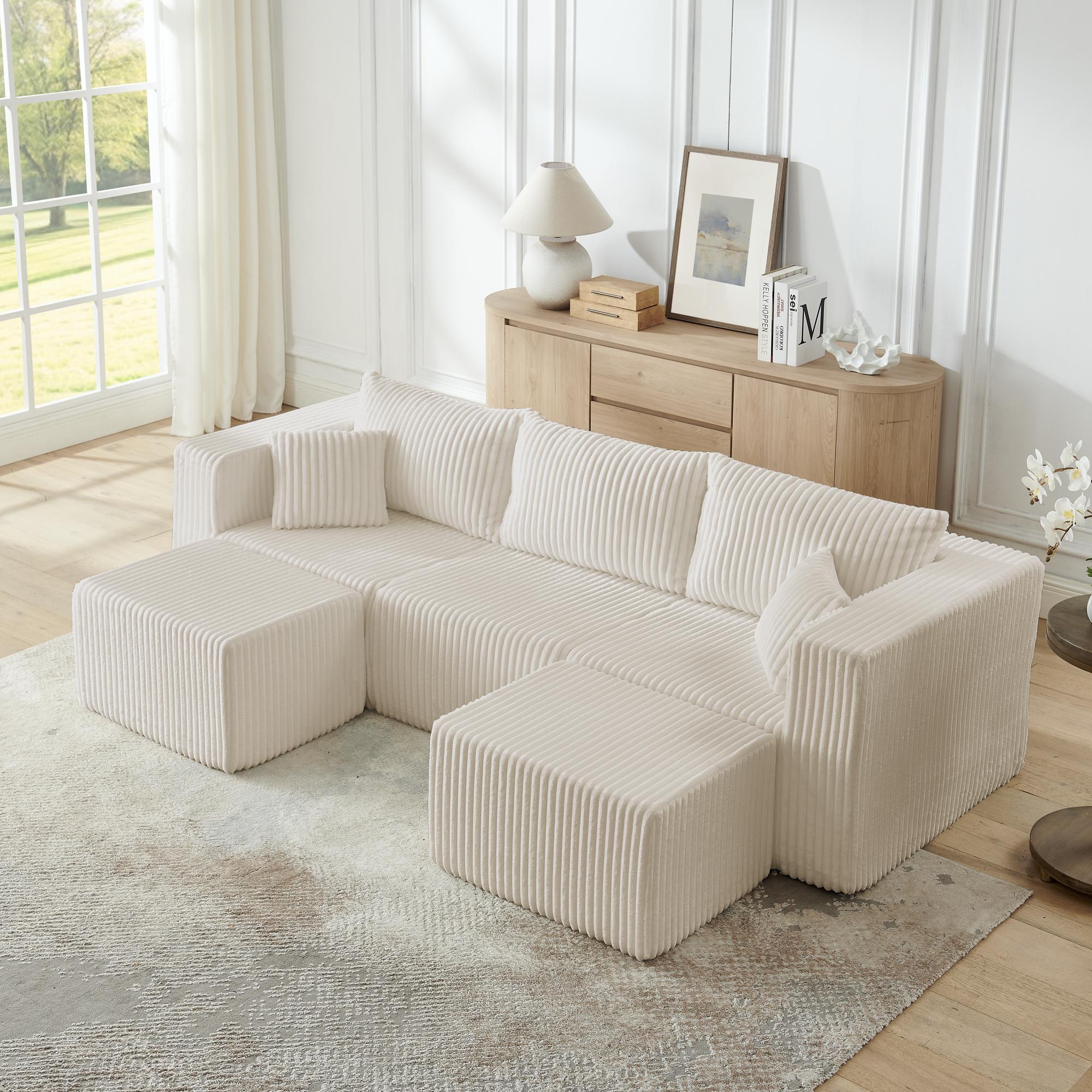 Niccae Small-Scale U-Shaped Compact Modular Sectional Sofa — Textured Corduroy Fabric, Modern Minimalist Style, Ultimate Comfort, Space-Saving, No Assembly Required, Convertible to Bed, Living Room Sofa