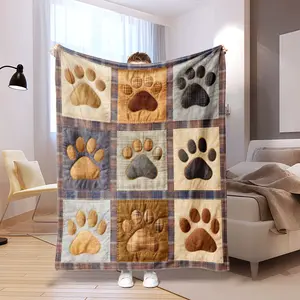 Vintage Grid Dog Paw Print Pet Blanket, Flannel Material, Soft and Warm, Knitted Feel, Multiple Sizes, Indoor Outdoor Use, Winter Gift
