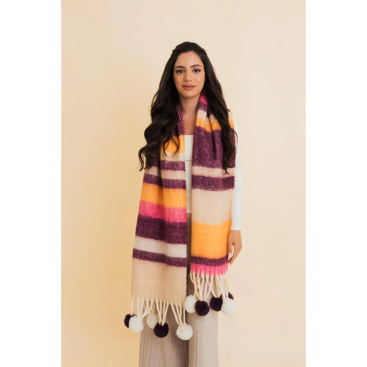 Pop Stripe Pom Tassel Cozy Scarf Chunky Knit Winter Scarf with Tassels, Soft Warm Colorful Stripe Wrap, Trendy Oversized Blanket Scarf for Women