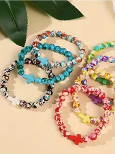 Fashionable New Arrival Cross Bracelet Set, Cross Beads Bracelet, Elastic Rainbow Stripe, Perfect for Christmas, Halloween, Valentine's Day, Birthday Gifts