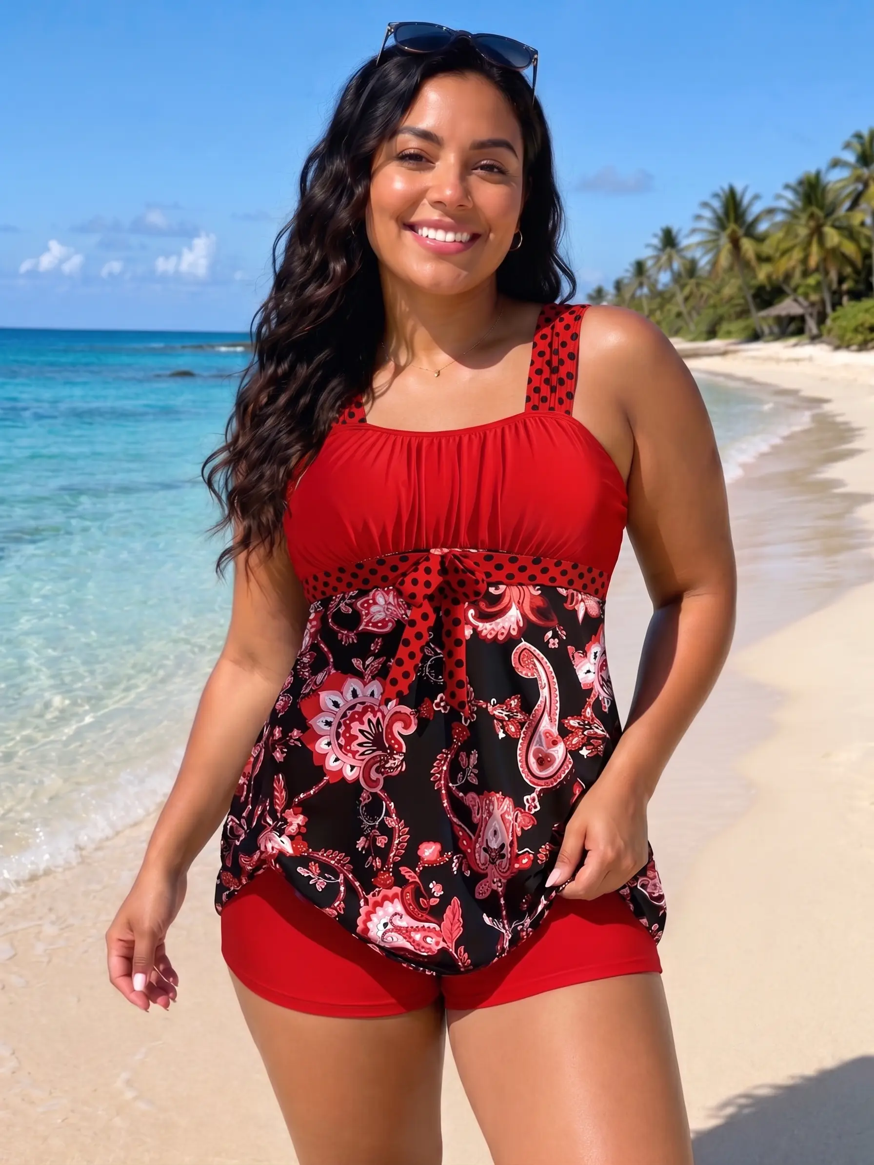 Women’s Plus Size 2-Piece Printed Tankini Swimsuit - Machine Washable Wide Shoulder Swim Top with Open Back Design for Beach, Pool Use, Open Back Tops, Two-Pieces