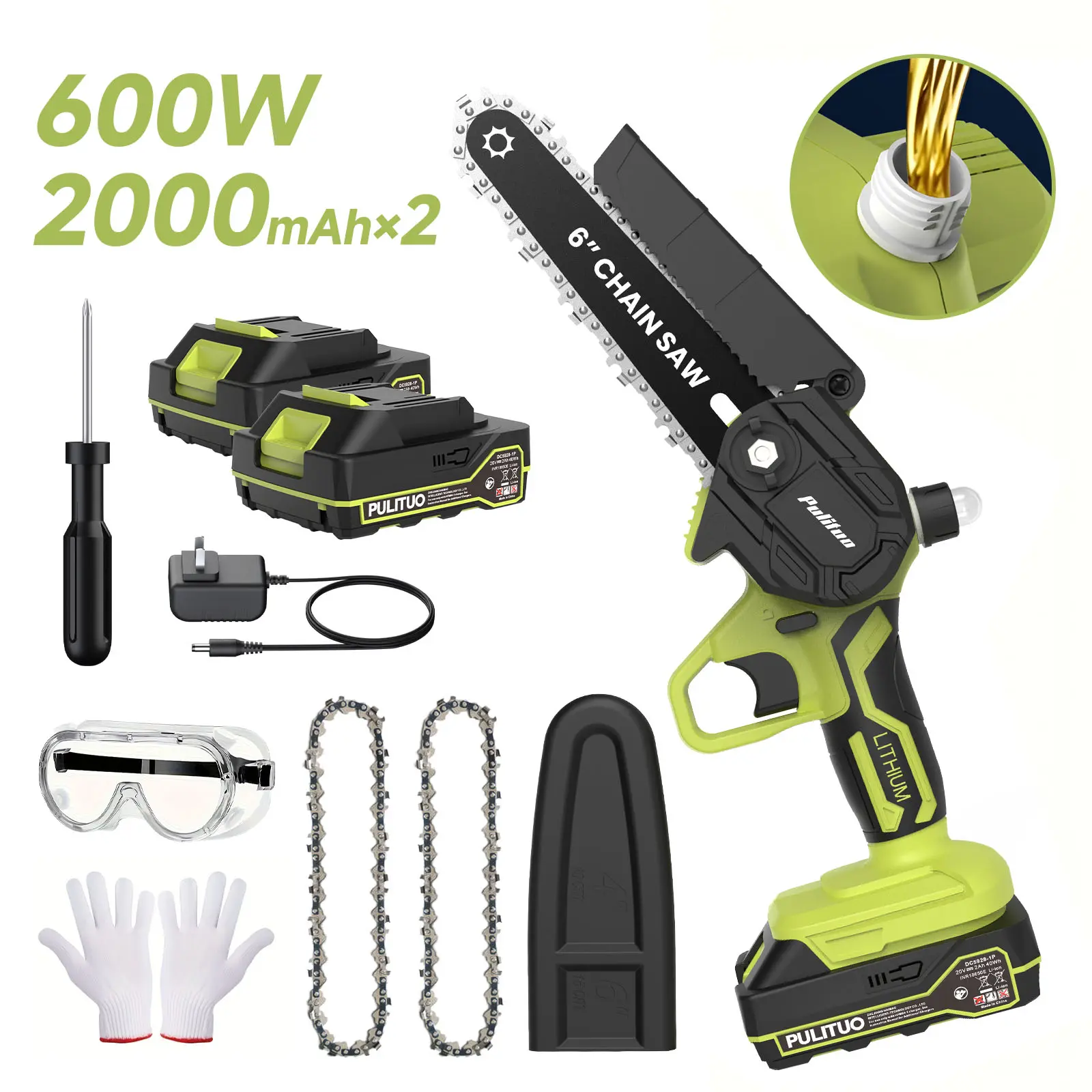 PULITUO 6-in Cordless Mini Chainsaw, 600W Power Tool, 2000mAh Battery (2 Pack), 2 Chains, Auto Oil Pump, Goggles, Gloves for Outdoor Gardening & Woodcutting Tools, Power Tools