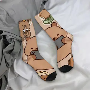 Bear-themed handheld items with a turtle theme; mid-calf socks, casual and sporty style - soft and comfortable.