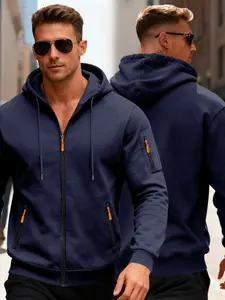 Men's Lightweight Fleece Lined Warm Fitted Jacket Hooded Coat, Multiple Zipper Pockets, Casual Windproof Long Sleeve Athletic Golf Jacket, Sports Jacket