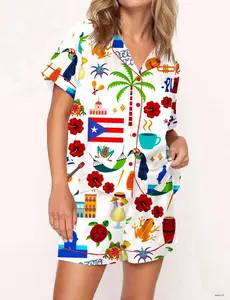 Puerto Rico Vacation Satin Pajama Set For Women, Breathable Summer Nightwear