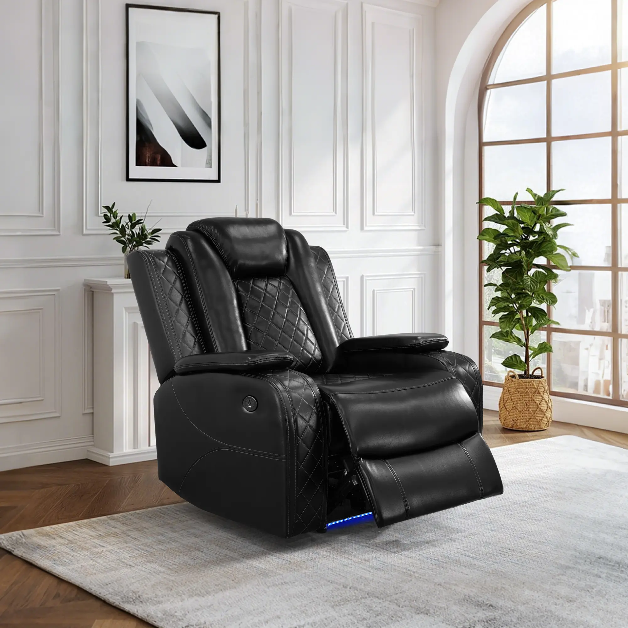 Black Breathable Leather Upholstered Living Room Sectional Recliner Sofa Chair, Ventilated Comfort Leather Multi-Seat Reclining Couch Furniture for Modern Home Living Room