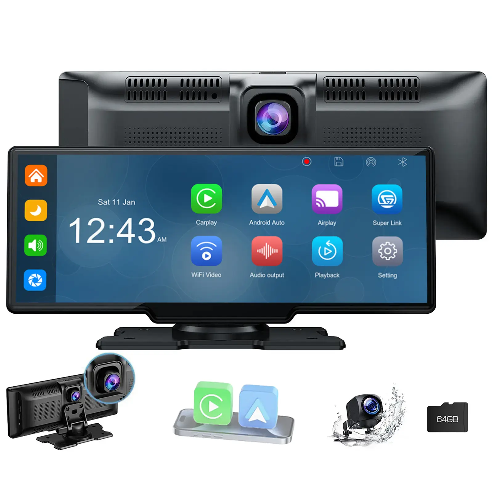 9.26" Wireless Carplay Screen and Android Auto for Car Stereo,Support FM/Bluetooth/Wifi/Speaker/Airplay,with Front and Reverse Rear Camera,with 64GTFCard,Auto-upgrade for your car