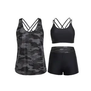 2026 Women Sexy Double Strap Tankini Set Push Up Modest Tummy Control Swimsuit Three Piece Bathing Suit Beachwear Plus Size Summer Swimwear