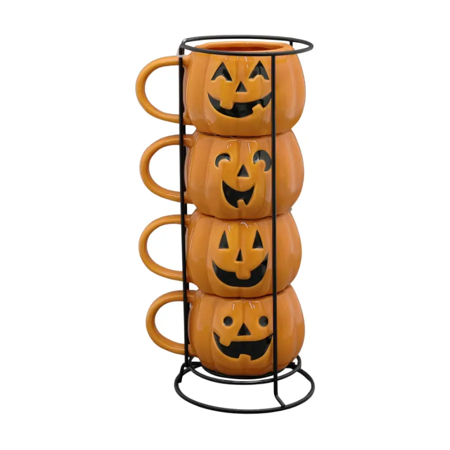 Halloween Stackable Pumpkin Ceramic Mug Set (4-Pack) – Cute Autumn Drinkware