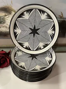 Noritake Aspen Nights Salad Plates Classic Stoneware Vintage Design with Prominent Black Border Trim 8 1/4" Diameter Vintage Geometric