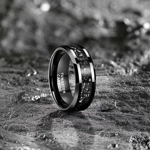 Men's 8mm Black Tungsten Wedding Band Crushed Carbon Fiber Inlay Comfort Fit Scratch Resistant - Yonifu Durable Modern Luxury Promise Ring Gift for Him