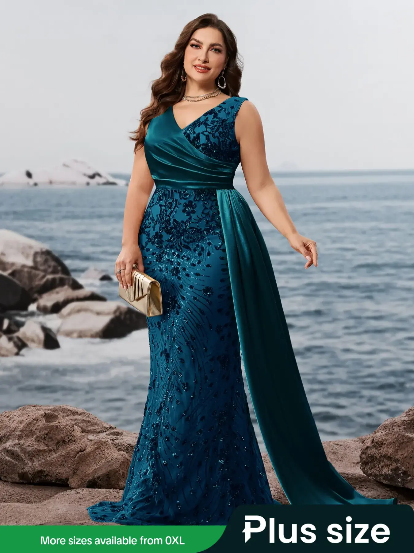 Women Lady Elegant Plus Size V Neck Sleeveless Woven Dress, Sequins Patchwork Mermaid Hem Formal Gown, Formal Dresses, Formal Wear, Womenswear, Perfect for Spring Summer Evening Parties and Events