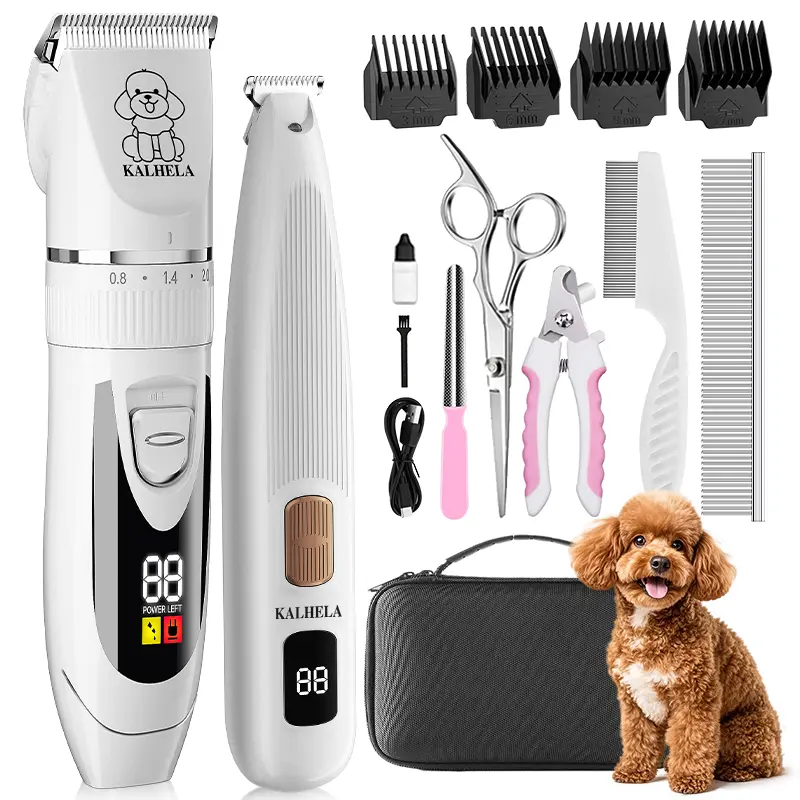 Dog Hair Clippers for Grooming Kit and Dog Paw Trimmer Nail Grinder for Grooming, Low Noise Rechargeable Cordless, Shaver Grooming Supplies for Pet Cats Dogs (White)