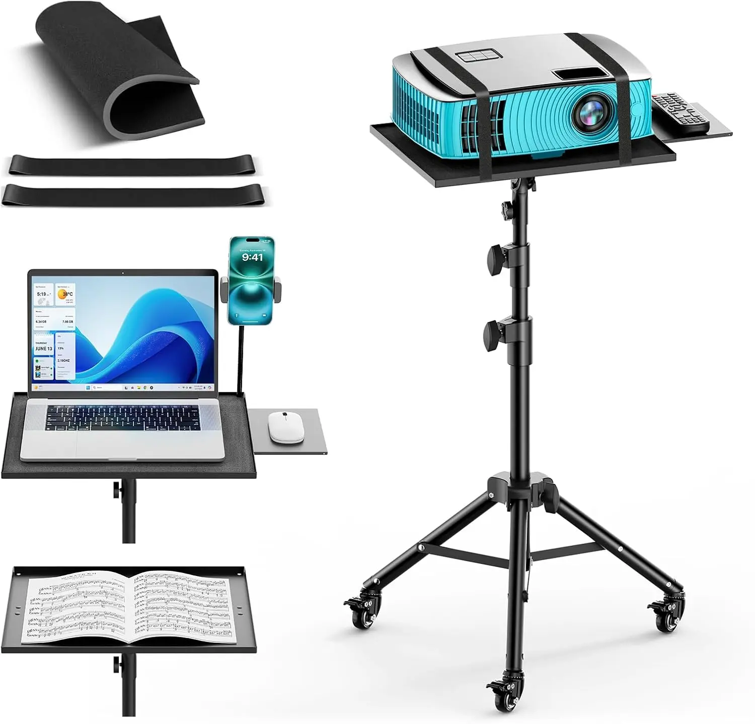 Futrue Walker 3-in-1 Mobile Projector Stand & Laptop Tripod (29"-69"), Heavy-Duty DJ Stand with Wheels, Mouse Tray and Phone Holder