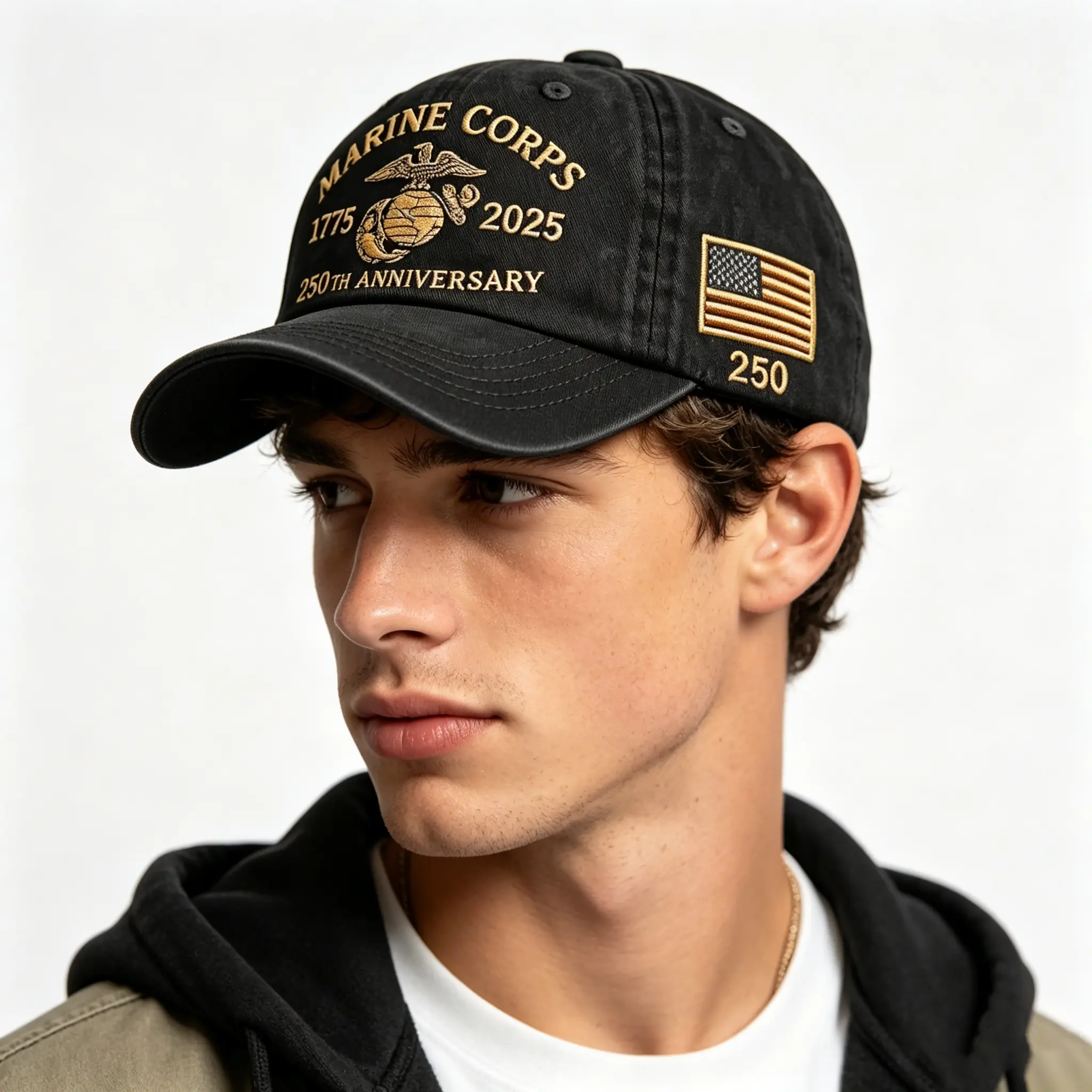 Men's Vintage Washed Logo Baseball Cap, Marine Corps 250th Anniversary Commemorative Dad Hat, Adjustable Velcro Snapback with 3D Embellishments, Patriotic Veteran Outdoor Headwear, Ideal Father's Day Gift