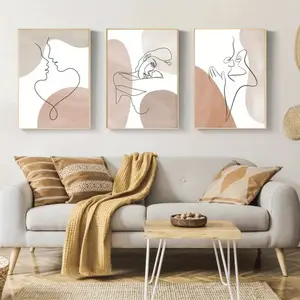 3 Pieces Modern Minimalist Line Couples Kissing Heart Art, Abstract Love Wall Mural, Romantic Warm Home Art, Contemporary Gallery Decor, Soft Tone Painting, Wall Decor for Bedroom and Wedding Room, Framed or Unframed.