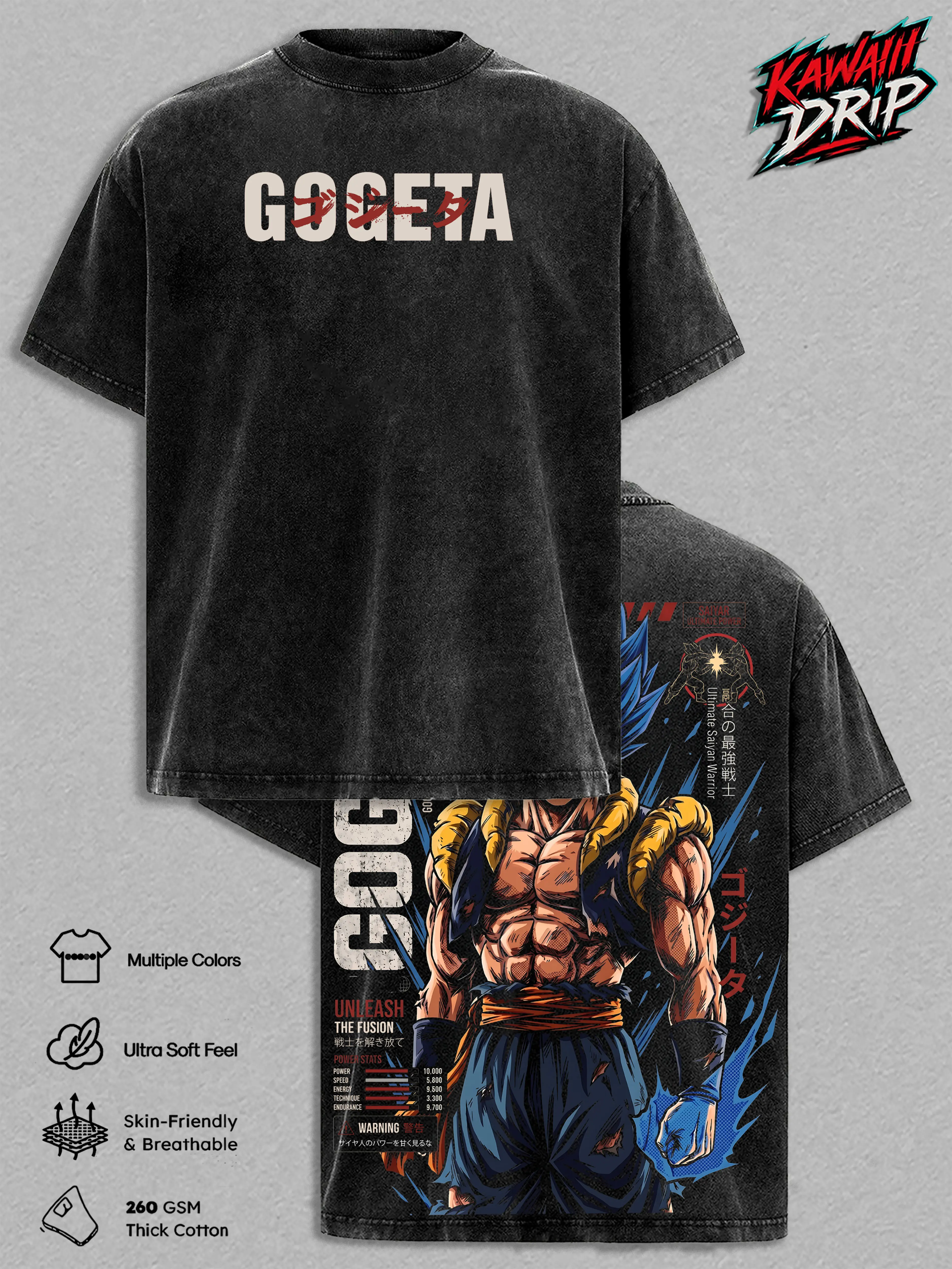 Gogetaaa DBZ Vintage Washed T Shirt - Anime Graphic Tee Blue Gogetaa Oversized Heavyweight Cotton Top Classic Menswear Clothes Apparel Gift for DBZ Fans Men Women
