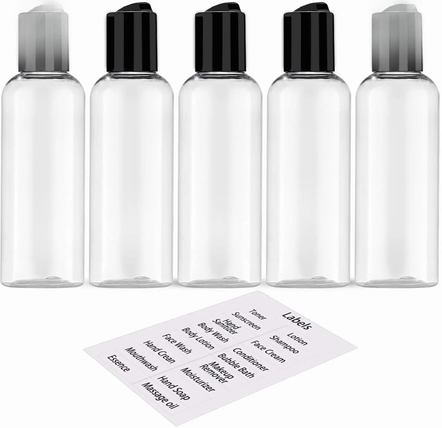 5 Pack 100ml (3.4 oz) TSA-Approved Leakproof Lightweight Portable Travel Toiletry Squeeze Bottles & Jars - BPA-Free Bisphenol A-Free Small Empty Plastic Containers with Labels for Business, Beaches (Body Wash Home Organizer Supplies)