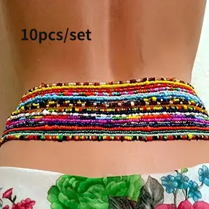 10PCS Bohemian Colorful Rice Beads Waist Chain Set Vintage Ethnic Handmade Beads Beach Body Decor Multi-layer Rice Beads Waist Chain Women Beach Party Vacation Wearing Body Chain Set