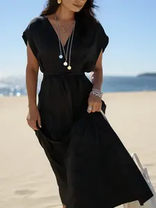 Elegant V-Neck Long Tunic Dress with Belt, Slim Fit Polyester Blend, Tropical Design, Limited Edition Holiday Gift, Women's Fashion