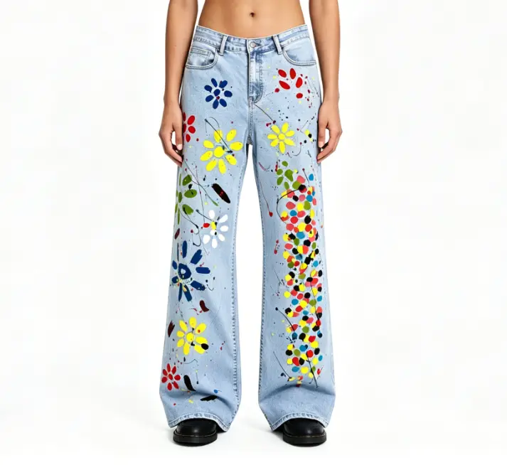Women's High-Waisted Wide Leg Jeans - Rainbow Paint Splatter Daisy Floral Print, Hippie Casual Loose Fit Denim Bottoms, Art-Style Pants, Baggy Fit Jeans