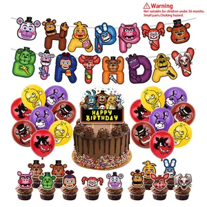 New popular FNAF Party Supplies Full Kit - FNAF Series Character Printed Balloons, Cake Insert Toppers and Happy Birthday Hanging Banner for Horror Game Themed Birthday Celebrations