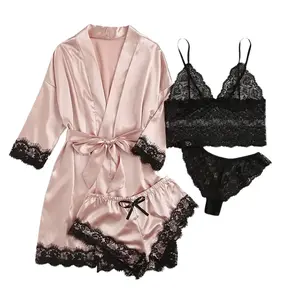 Women' Silk Satin Pajamas Set 4pcs Lingerie Floral Lace Cami Sleepwear
