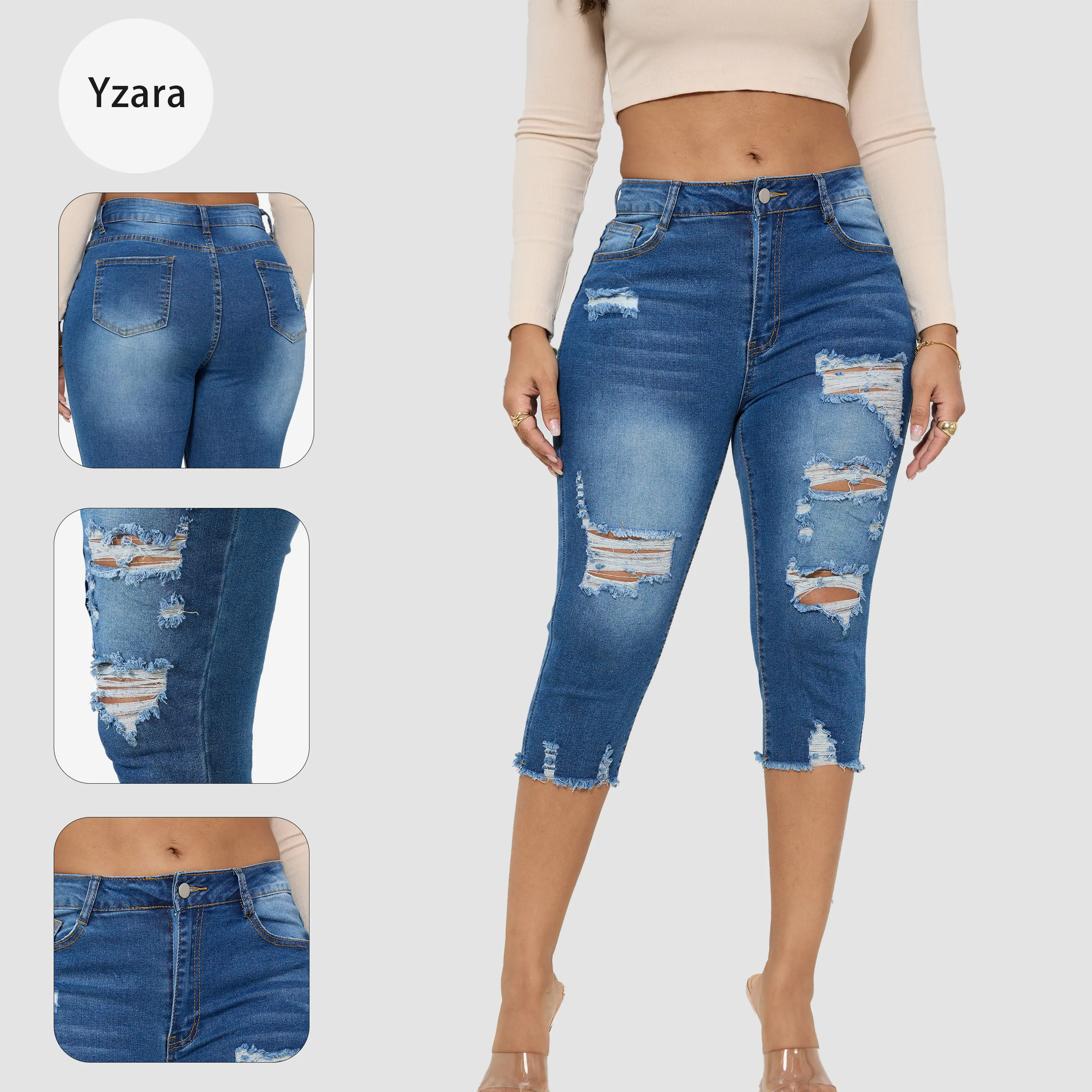 Women's Ripped Capri Jeans, Mid-Rise Distressed Slim Fit Denim with Breathable Stretch Cotton Fabric for Summer Streetwear, Crop, Polyester, Lady, Breathable & Durable