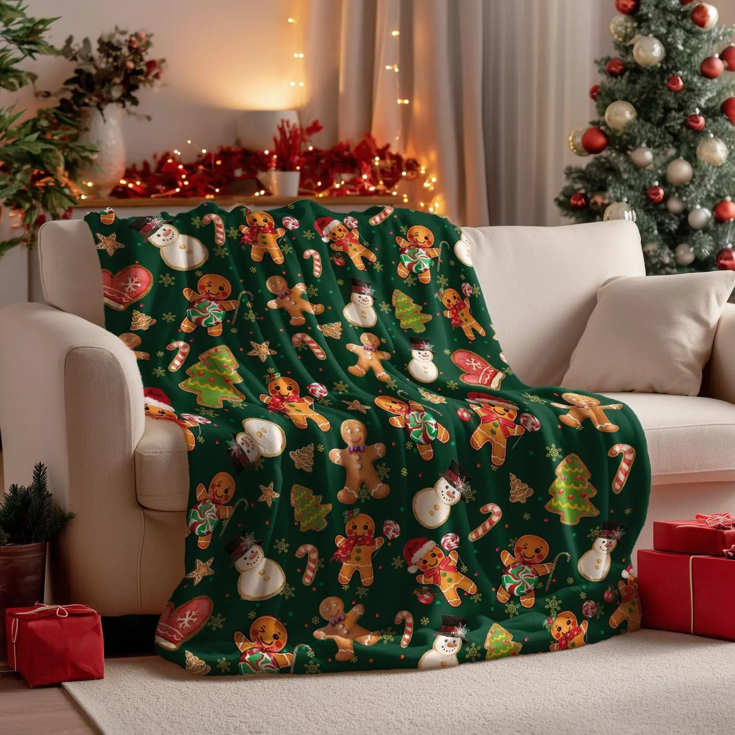 Christmas Fluffy Fleece Blanket Throw - Green Gingerbread Man & Christmas Bear Design, Soft Cozy for Couch Sofa, Ideal Gift for Adults, 50x60in, Fluffy Blanket