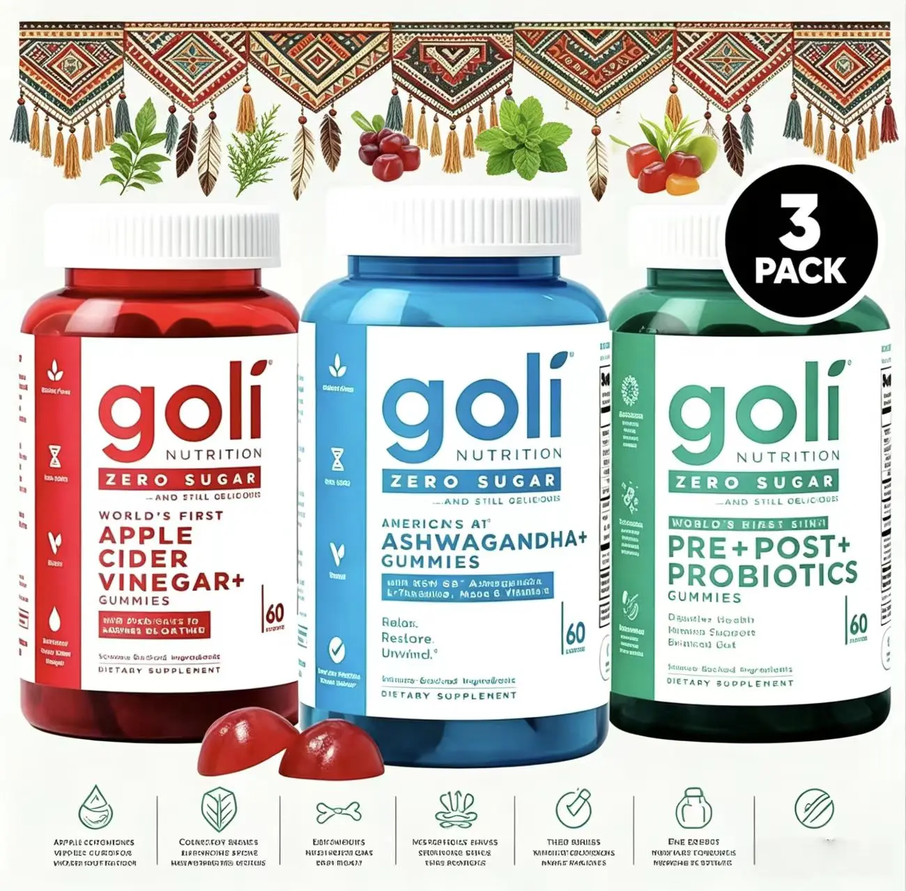 Goli Nutrition Zero Sugar 3 Pack Gummies Bundle | Apple Cider Vinegar, Ashwagandha, Pre+Post Probiotics, Gut Digestion