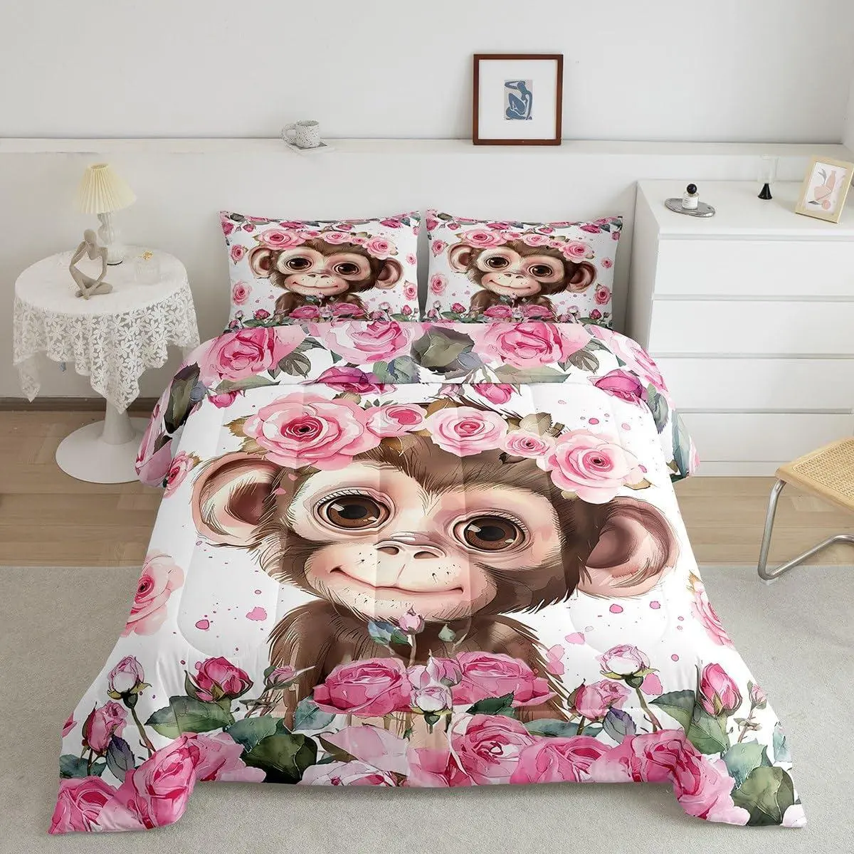 Cute Monkey Comforter Set,Cartoon Wild Animal Kawaii Style Bedding Set Men,Watercolor Pink Rose Flowers Floral Quilted Duvet Set