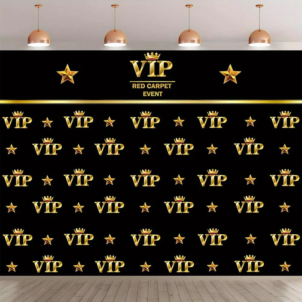 1pc Polyester Fiber 2D Flat Glamorous VIP Red Carpet Event Backdrop Board Banner - Golden "VIP" & Star Print Decorative Throw, Reusable for Weddings, Event Spaces, Indoor/Outdoor Textile Decor, Wedding, Party