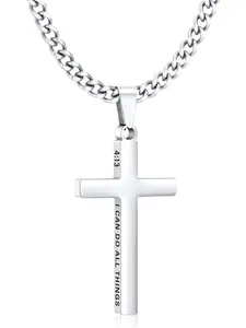 Cross Necklace for Men Boys Chunky Stainless Steel Bible Verse Cross Pendant with Cuban Link Chain (22+2 Inches) | Easter Christian Religious Jewelry Gifts