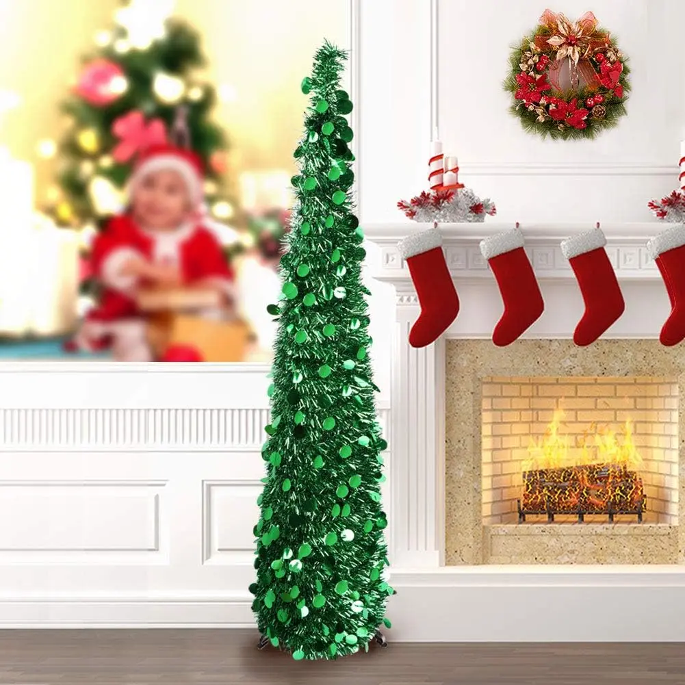 5ft Pop Up Christmas Tree with Stand, Green Tinsel Collapsible Artificial Christmas Tree for Holiday Christmas Home Decorations