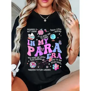 Women's 100% Cotton Fitted Short Sleeve Crew Neck Tshirt - Unisex Vintage Paraprofessional Paraeducator Top with "Groovy In My Para Era" Design (As Photos)