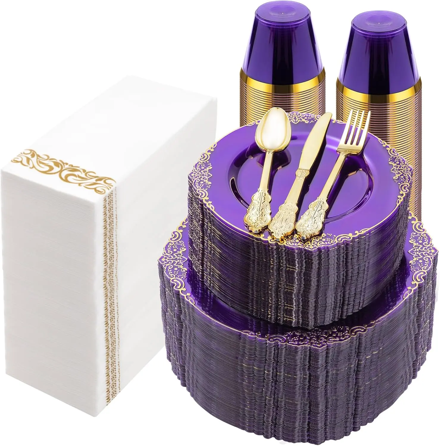 700PCS Clear Purple Plastic Plates for 100 Guests | Includes 100 Dinner & Dessert Plates, 100 Gold Silverware, Cups, Napkins for Party, Graduation
