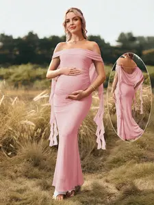 ALLITA Maternity Solid Color Off Shoulder Backless Maxi Maternity Dress For Baby Shower, Christmas Party, Elegant Party