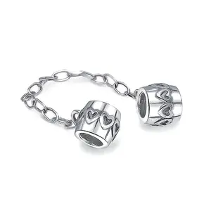 .925 Sterling Silver 2-Tone Double Love Hearts Safety Chain Stopper Charm Bead 14K Gold Plated